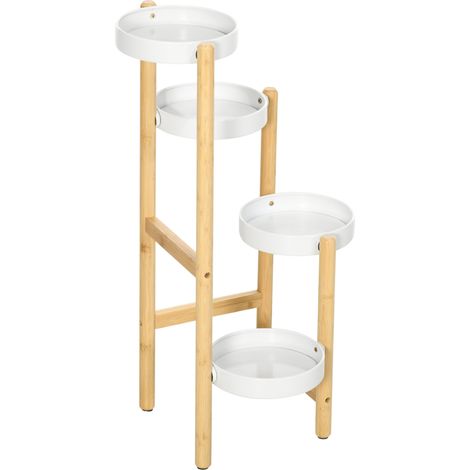 4-stufiges Pflanzenregal aus Bambus und weißem Metall, 28 x 28 x 80 cm, für den Innen- und Außenbereich