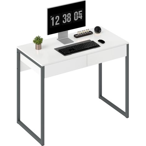 Une table à deux caissons, mesurant 100x50x75 cm, ornée d'un motif de feuilles d'érable, adaptée aux petits espaces familiaux, et en blanc éclatant. (1/5)