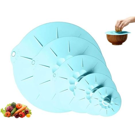 Lot de 5 couvercles réutilisables en silicone de qualité alimentaire pour bols, casseroles, assiettes, tasses et canettes (bleu) (1/5)