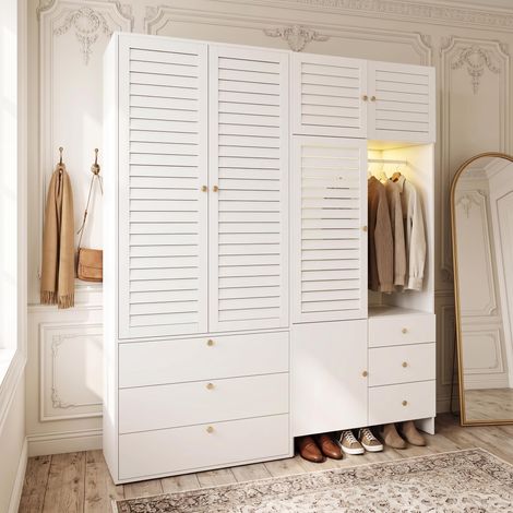 Lot de 2 Armoires Chambre Penderie avec LED,5 Portes,6 Tiroirs,Tringle à Vêtement,Panier à Linge,Etagère (1/5)