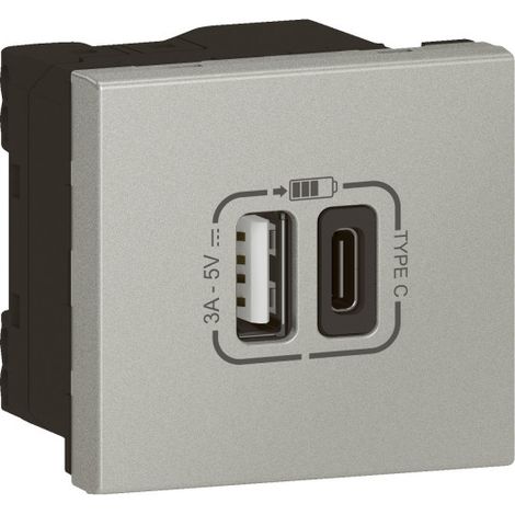 Chargeur USB Type-A + USB Type-C 3A 15W Mosaic Link raccordement latéral 2 modules 230V ou 5V alu (079293L) (1/4)