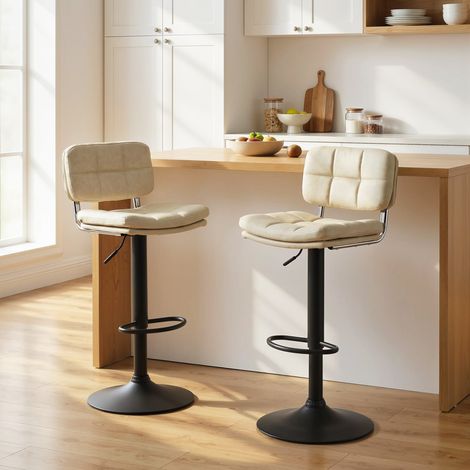 Lot de 2 tabourets de bar vintage capitonné pivotant réglable revêtement synthétique crème repose-pied style élégant