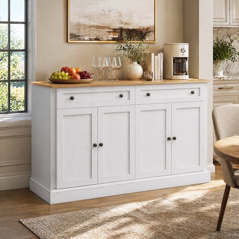 MEUBLIV Aparador grande 150 x 40 x 86 cm blanco y madera natural con 4 puertas y 2 cajones (1/5)