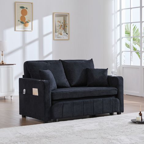 Canapé convertible de chenilla negra 139x83x58 cm con USB, portabebidas y bolsillos laterales (1/5)