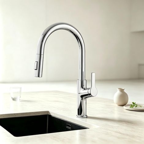 CECIPA MAX Grifo extensible de cocina, grifo de cocina con 2 tipos de chorro, monomando cromado para fregadero (1/5)