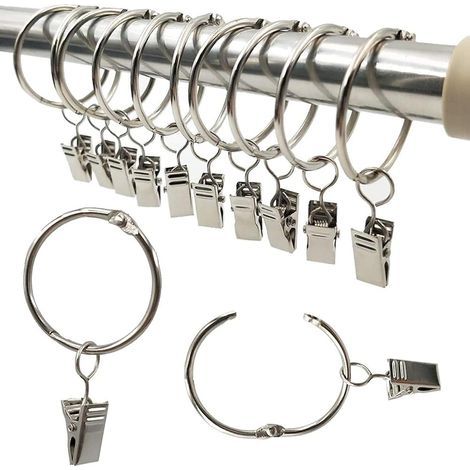 Anneaux pour Rideaux,40 Pièces Anneau Rideau Avec Pinces,Décoratif Métal Drapé Clip Crochets Ensemble Diamètre Intérieur de 40mm Argent,Facile Ouvert Anneaux à Pince