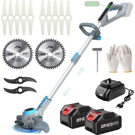 Coupe Bordure sans Fil avec Batterie, 21V Coupe Bordure Batterie avec 3 Types de Lames et 2 Batteries 3.0 Ah, Débroussailleuse à Batteries pour Tondre Les Pelouses du Jardin Pelouse Ferme (Gris) (1/5)