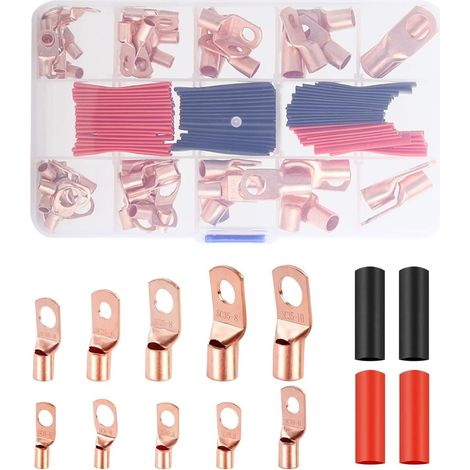 cosses de câble en cuivre 130 pièces, AWG 2 4 6 8 10 12 Terminaisons de câble de batterie avec 66 pièces de gaines thermorétractables, assortiment de 64 cosses à anneau pour bateaux (1/5)