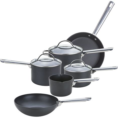 Ensemble de casseroles et poêles – Lot de 6 poêles antiadhésives avec couvercles en verre, poignées en acier inoxydable durable, casseroles en métal, wok et poêle à frire, noir (1/5)