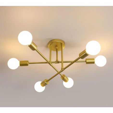 Lustre industriel vintage en métal à 6 lumières, culot E27, convient pour salon, chambre, cuisine, etc., or, ampoule non incluse (1/5)