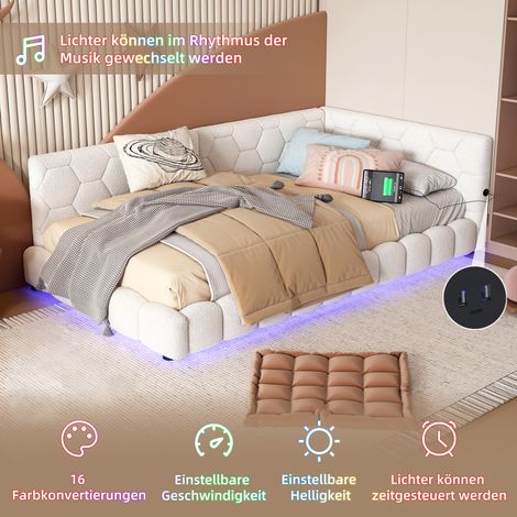 Daybett 90x200 cm convertible, canapé-lit blanc avec sommier à lattes et éclairage LED 16 teintes, ports USB-C intégrés, revêtement simili suède confortable, sans matelas