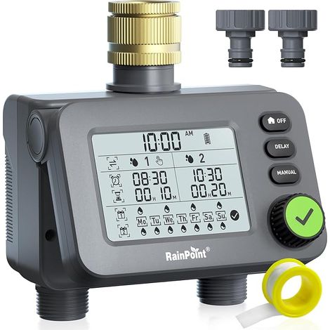 RAINPOINT Ordinateur d'irrigation 2 Sorties avec entrée en Laiton, minuterie de Jardin programmable avec Retard de Pluie, système d'arrosage numérique Automatique et étanche IP54 (1/5)
