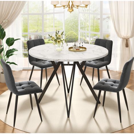 Esszimmergarnitur aus MDF und Metall in Schwarz/Grau, runder Tisch 100 x 100 x 76 cm mit 4 Leinenstühlen (1/5)