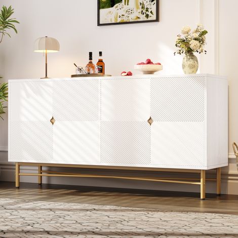 Aparador blanco 160 x 40 x 82 cm, 4 puertas, relieve y tiradores dorados DESVIAE (1/5)