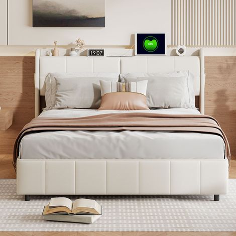 Cama tapizada 160x200 cm, cama doble con 4 cajones, cama juvenil, cama adulto, cabecero con puerto de carga, cama estilo europeo, PU, beige (1/5)