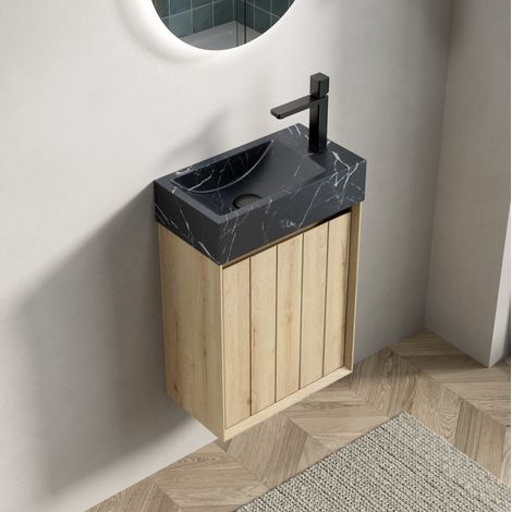 Mueble de baño con lavabo integrado 40 cm mural, mármol negro y madera clara DESVIAE (1/5)