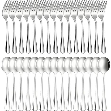 30 Pièces Cuillères A Café En Acier Inoxydable,Cuillères A Café,Fourchettes A Gâteau,Fourchettes Gâteau Et Cuillère A Thé Pour Gâteau,Café,Crème Glacée,15 Cuillères+15 Forks,Argent (1/5)