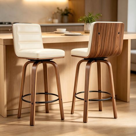 Sgabello da bar girevole con rivestimento in similpelle e gambe in legno curve, sedia girevole a 360° per cucina, bar e bancone. (1/5)