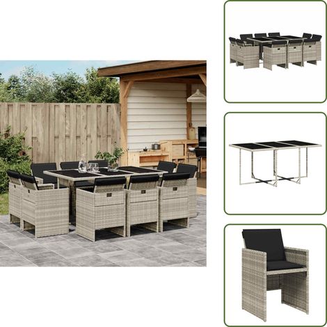 11-tlg. Garten-Essgruppe mit Kissen Hellgrau Poly Rattan - Gartengestell - Gartenmöbelset - Outdoor Möbel - Terrassenmöbel - Esstisch (1/5)