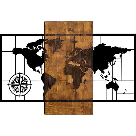 Décoration murale carte du monde en bois et métal 58x85 cm – Design artisanal unique – Pour bureau ou salon d'aventurier – Decortie (1/5)