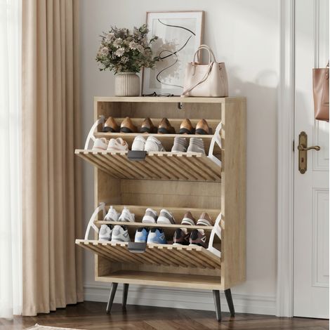 Zapatero 60 x 24 x 95 cm efecto madera natural, 2 abatibles, estilo Mid-Century Modern HAVRYA (1/5)