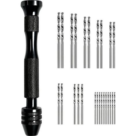 Mini Perceuse À Main Noire 12cm Avec 25 Forets Hélicoïdaux En Boîte, Foret Manuel Pour Perçage Précis Dans Résine, Bois, Argile, Époxy Et Projets De Modelisme, Artisanat Et Bijoux (1/5)
