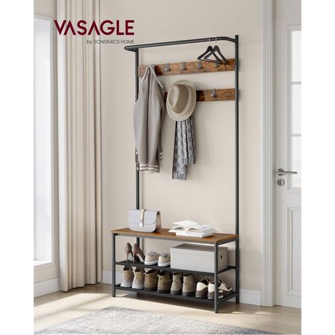 VASAGLE Appendiabiti da Ingresso con Panca Scarpiera, Attaccapanni con 9 Ganci Rimovibili e Barra Appendiabiti, 32,2 x 84 x 180 cm, Camera da Letto, Industriale, Marrone Vintage e Nero (1/5)