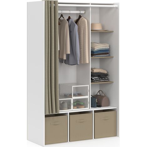 Idmarket – Dressing penderie DIANE 105 x 45 x 167 cm blanc – 4 étagères ajustables – 3 boîtes de rangement – rideau taupe