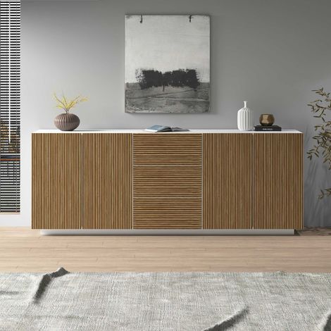WHOUS Credenza Coste a 4 ante e 3 cassetti bianco opaco e legno chiaro 220,1x43x86 cm (1/5)