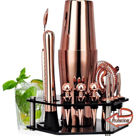 14-teiliges Barkeeper-Werkzeugset aus Edelstahl mit drehbarem Acrylgriff – Boston750 – Roségold (1/5)