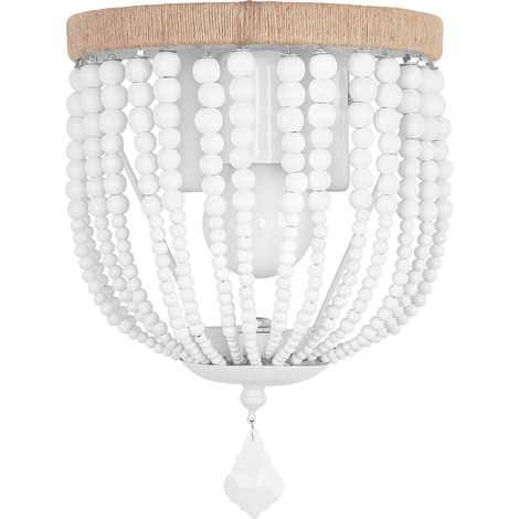 Wandleuchte - Boho Stil - Holzkugeln - Kanda Weiß - Kabel, Metall, Holz