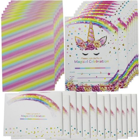 24 cartes d'invitation d'anniversaire licorne estampillées, ensemble d'enveloppes étoiles arc-en-ciel (carte 2) (1/5)