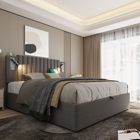 Lit coffre 180 x 200 cm gris en tissu coton lin avec tête de lit capitonnée à clous, liseuses USB-C, sommier relevable et grand rangement (1/5)