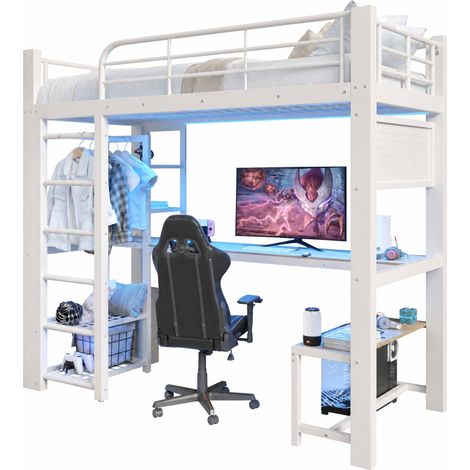 Letto a soppalco 90x200 cm in metallo bianco con scrivania LED e contenitori - CHICFURN (1/5)