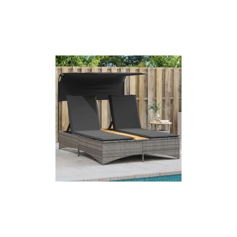 Chaise longue double et auvent et coussins gris résine tressée (1/5)