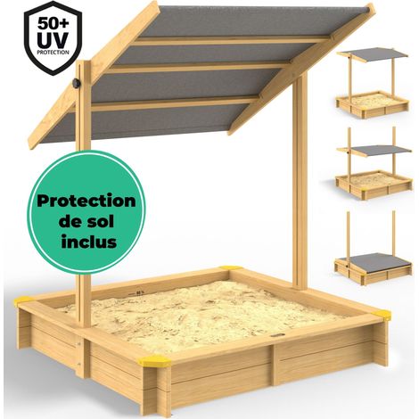 Bac à sable en bois d'épicéa 140x140 cm – Toit réglable protection UV 50+ – Tapis de sol inclus – Volume 260L pour enfants – Spielwerk (1/5)