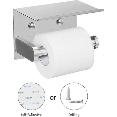 Porte-papier toilette autocollant avec étagère pour téléphone, support mural en acier inoxydable (argent brossé) - Antirouille et support pour rouleau de papier toilette (1/5)