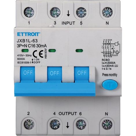 Interrupteur Thermique Magnétique Différentiel 3P+N 16A 30mA 380V-6KA CLASSE A - ETTROIT JX261664 (1/4)
