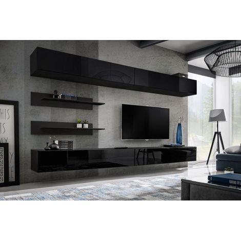 Ensemble mural - FLY I - 2 rangements - 2 meubles TV - 2 étagères - Noir - Livraison gratuite