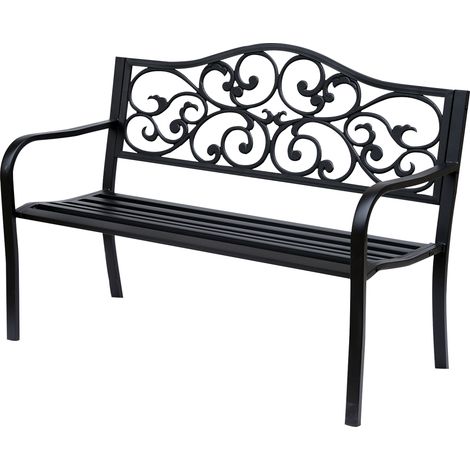 Banc de jardin 3 places en acier et fonte noire avec accoudoirs 127x60x89 cm pour terrasse et balcon (1/5)