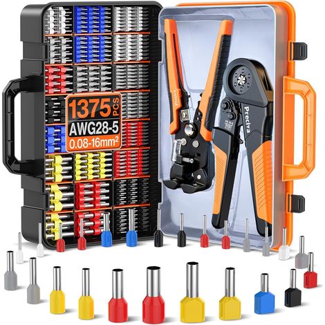 Crimping Pliers and Stripping Pliers Kit, 0.08-16mm² Crimping Pliers Electric Lug, Includes 1375 Electrical Crimping Lugs and 0.2-6mm² Wire Stripper, Crimp Terminal (1/5)