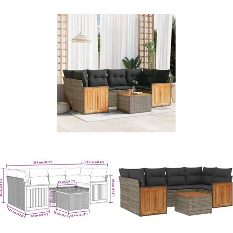 7-tlg. Garten-Sofagarnitur mit Kissen Grau Poly Rattan - Gartenmöbel - Esstisch - Lounge Set - Outdoor Möbel - Rattan Gartenmöbel - Home & Living (1/3)