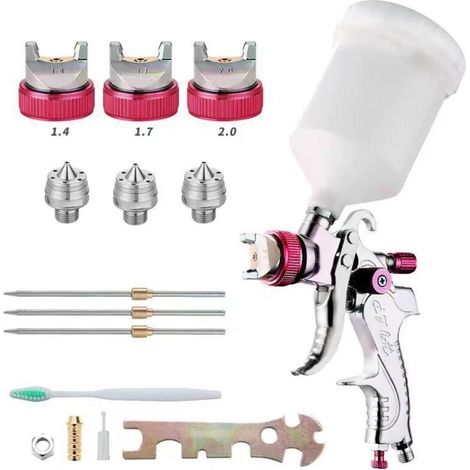 Pistola de pintura profesional, kit de pistola de pulverización de aire de alta presión, pistola de pintura neumática HVLP de 600 cc con alimentación por gravedad, boquillas de 1,4 mm/1,7 mm/2,0 mm (r