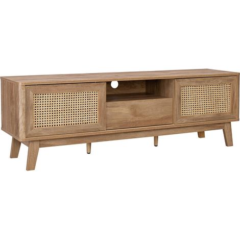 sweeek - TV-Möbel mit Schiebetüren, Fach, Regal in Holzoptik und Rattan-Geflecht 150cm (1/5)