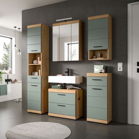 Ensemble 5 meubles de salle de bain chêne brun et kaki + lampe - OLBO