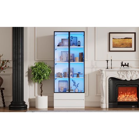 Vetrina alta LED 80x34x200 cm in MDF e vetro temperato con 2 ante e 2 cassetti OKWISH (1/5)