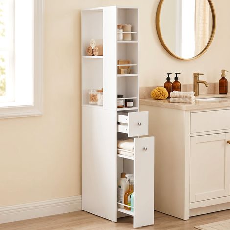 Armoire de salle de bain haute et étroite, 135 cm, avec 2 tiroirs, blanche (1/5)