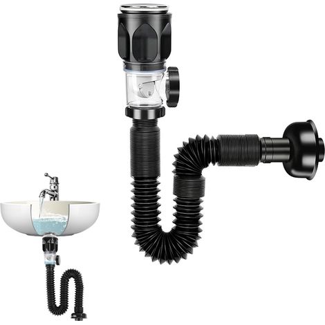 Bonde de lavabo avec trop-plein, tuyau de vidange, pop-up, bouchon de vidange, siphon flexible, en PVC, noir, pour cuisine, évier, salle de bain (1/5)