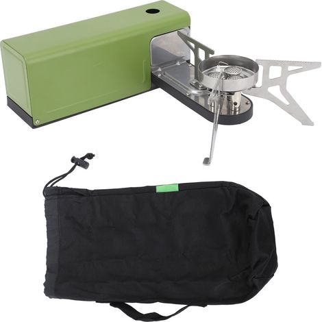 Réchaud butane pliable triple tête, coupe-vent pour camping, avec sac de rangement, vert olive, compact et portable. (1/5)
