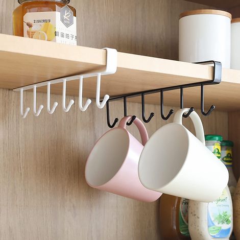 Support Sous Placard - 6 Crochets Métalliques - Pour Étagères Jusqu'à 2,8 cm D'Épaisseur - Organisation Cuisine Et Salle De Bain - Lot De 2 (1/5)